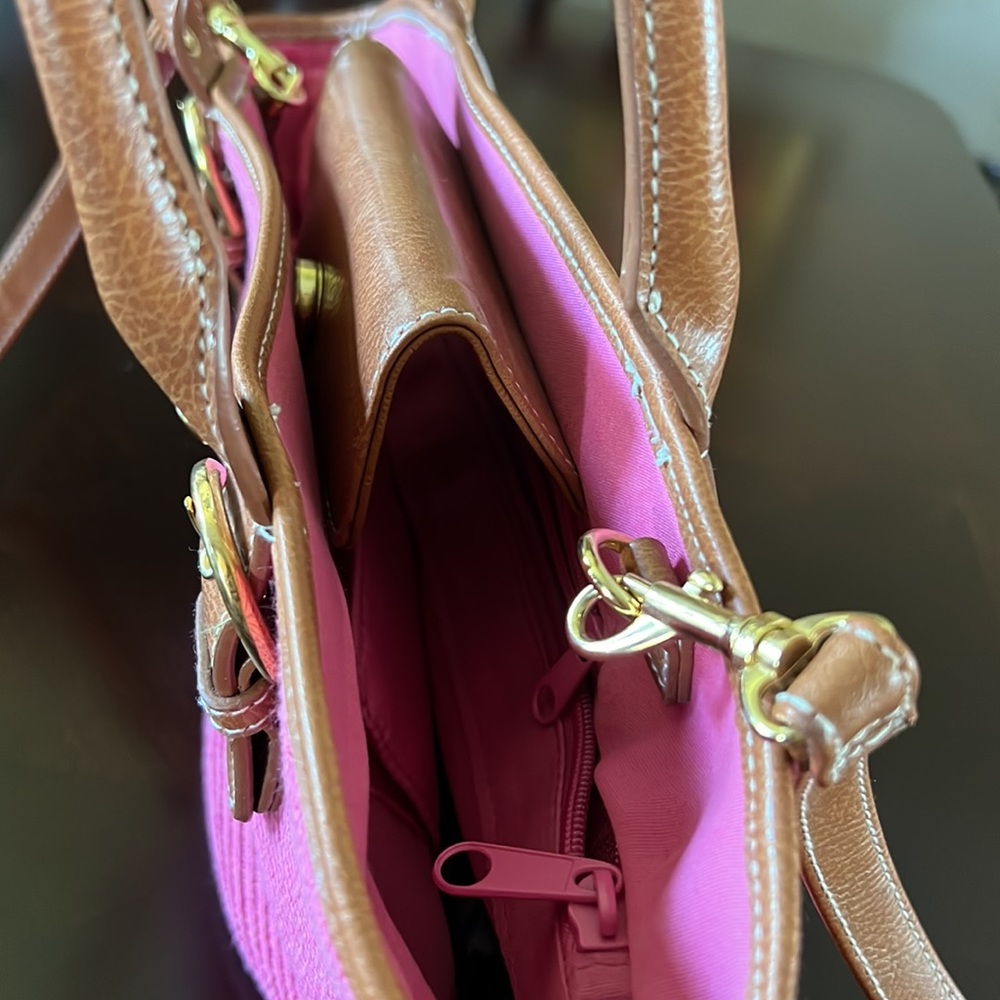 Pink Woven Straw Crossbody Bag Brown Trim Cotton Paper Tote - Picture 14 of 17